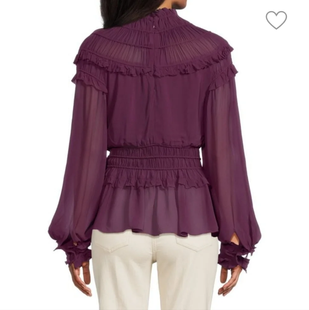 Farm Rio Plum Ruffle Blouse M | Romantic Boho Chic Long Sleeve Flowy Top - Picture 8 of 9
